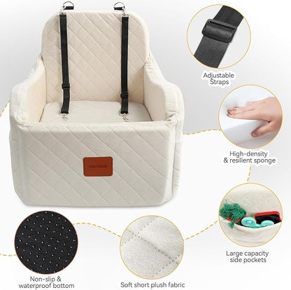 Dog Car Seat for Small Medium Dogs Up to 35lbs, Detachable Washable Soft Pet Booster Travel Bed for Front Seat with Safety Leash Belt (Beige, Medium)