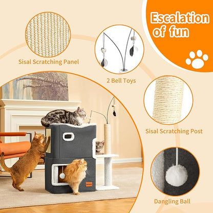 Cat Bed for Indoor Cats with Scratching Post Cat Beds Furniture Cave House 2-Storey Cats Hideaway Playhouse Condo with Fluffy Ball Toys for Pets Dark Grey