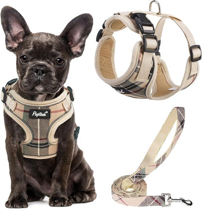 PUPTECK Soft Mesh Dog Harness and Leash Set Pet Puppy Cat Adjustable Reflective Padded Vest No Pull Harnesses, Beige, S