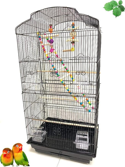 Large 36-Inch Portable Bird Flight Cage for Canary Parakeet Cockatiel Lovebird Finch Small Parrot Budgies Travel Bird Cage (Black with Toy)