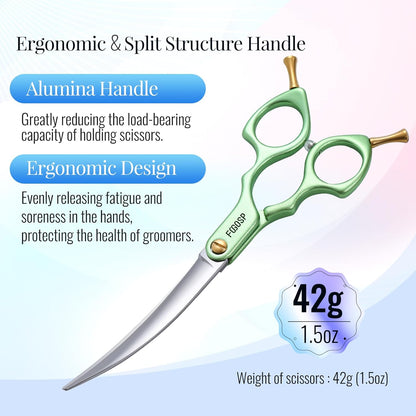 Professional Curved Dog Grooming Scissors with Sharper Self Grinding lightweight and finely trimmed split structure 6.5'' Japan VG10 63HRC for small dogs cat pet(Green)