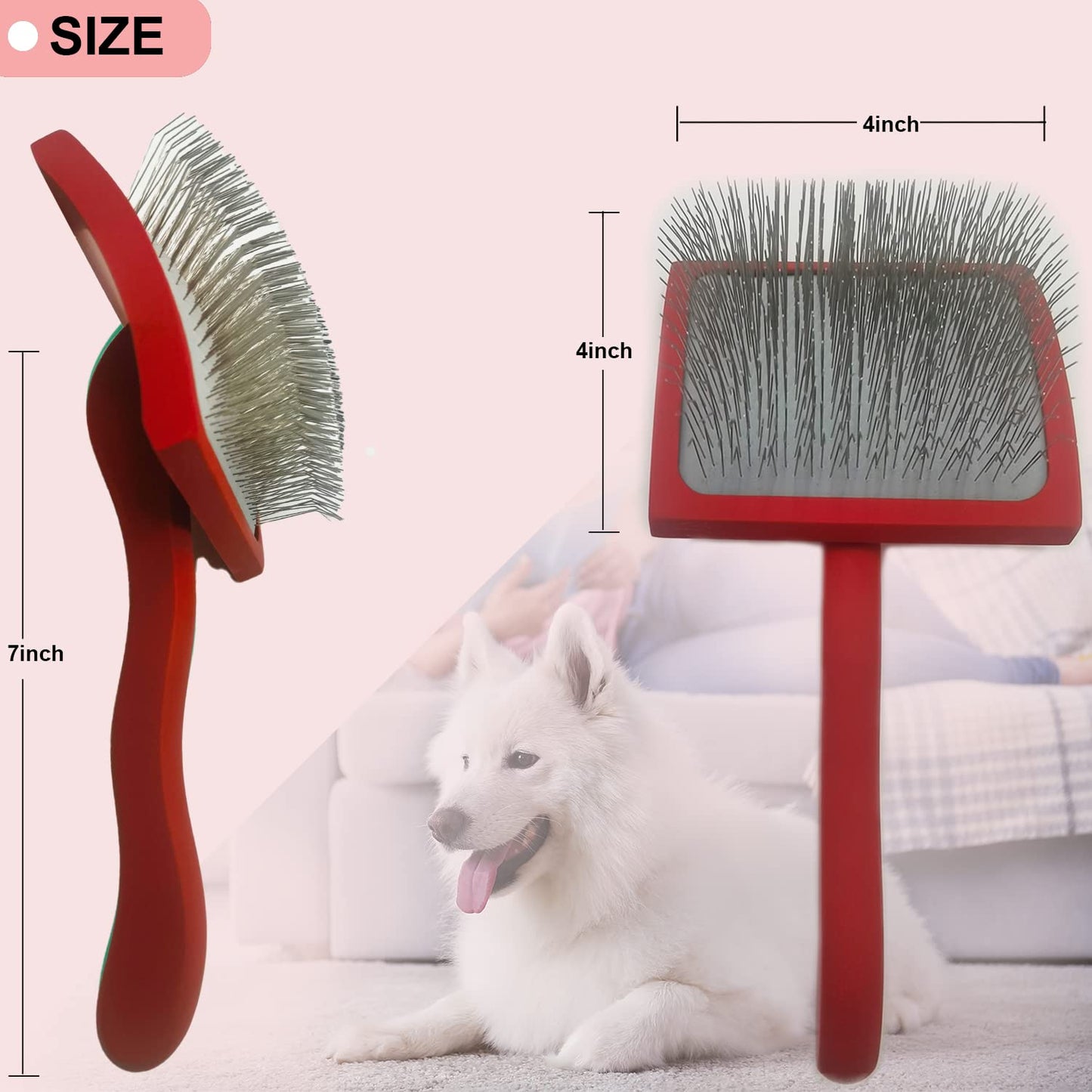 Large Ergonomic Slicker Brush for Dogs & Pets - Extra Long Pin Grooming Brush with Solid Wooden Handle for Poodles, Doodles, and Long-Haired Dogs (red)
