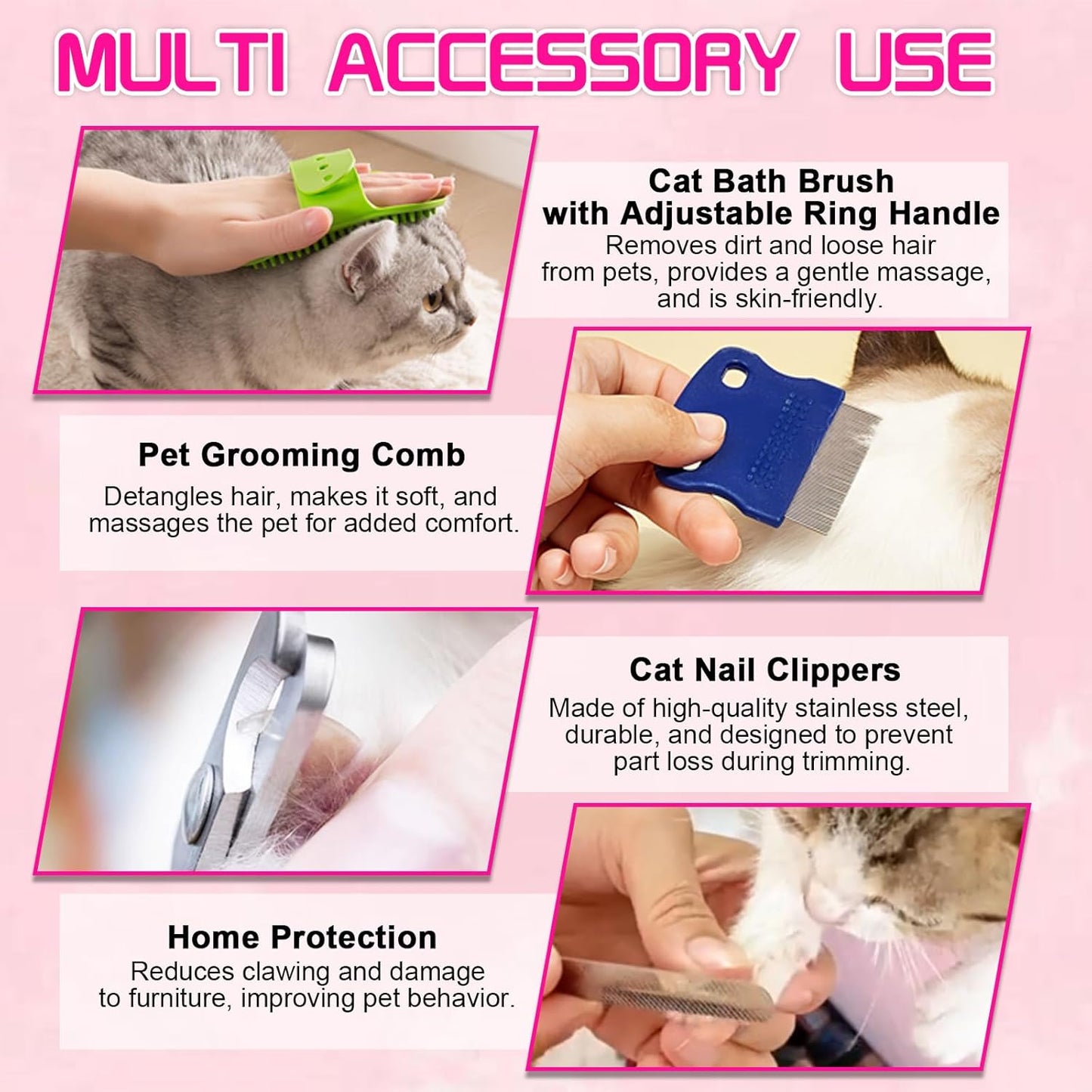 FANOVO Cat Bathing Bag, Anti-Scratch & Anti-Bite Adjustable Mesh Cat Shower Bag with Nail Clipper, Grooming Comb, Bath Brush & Nail File, Breathable Cat Washing Bag for Bathing, Nail Trimming