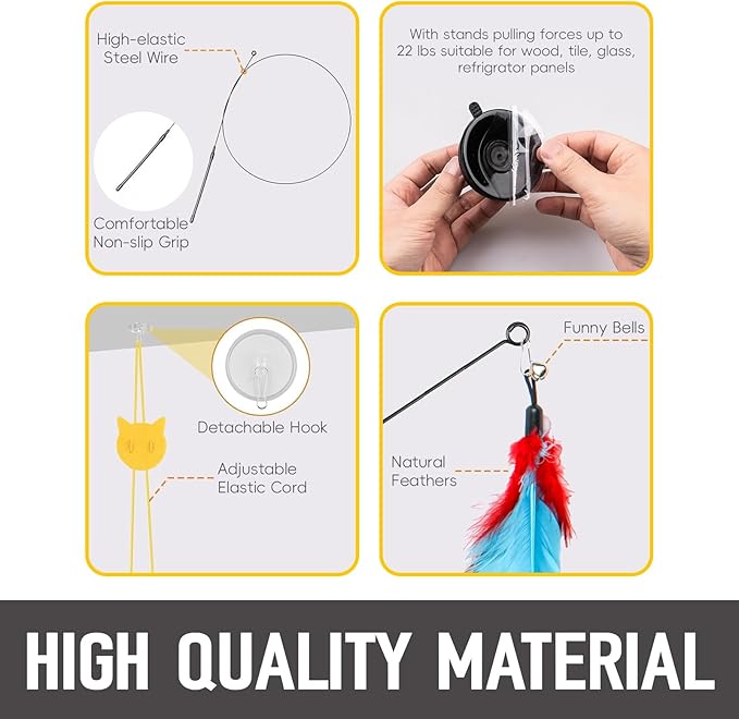 4-in-1 Interactive Cat Toys Set - Feather, String,Suction Cup Cat Toy Stick & Wand Toys with 15 Replaceable Attachments for Indoor Cats