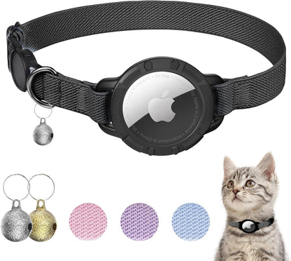 AirTag Cat Collars, Stretchy Collar with Apple AirTag Holder and Bell, Breakaway Ultra Design Elastic GPS Tracking Collars for Cats and Puppies, (7.5-12.5 Inch), Black