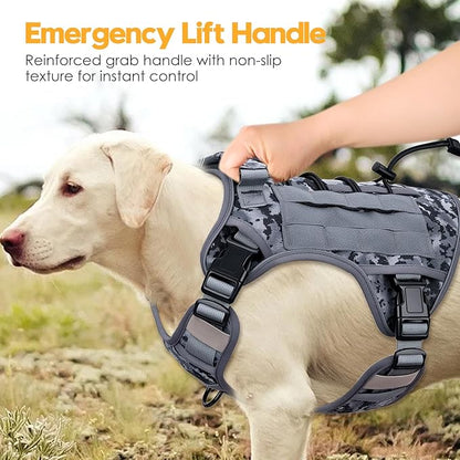 Heavy-Duty Tactical Dog Harness for Large Dogs, No Pull Adjustable Reflective Pet Vest with Molle System, K9 Military-Grade Control for Service Training, Outdoor & 10+ Breeds, Gray Camo, X-Large