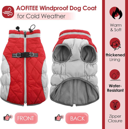 AOFITEE Dog Coat, Warm Dog Winter Coat, Reflective Cold Weather Dogs Puffer Jacket with Harness Built in, Waterproof Pet Fleece Vest Snowsuit for Small Medium Large Dogs, Christmas Red L
