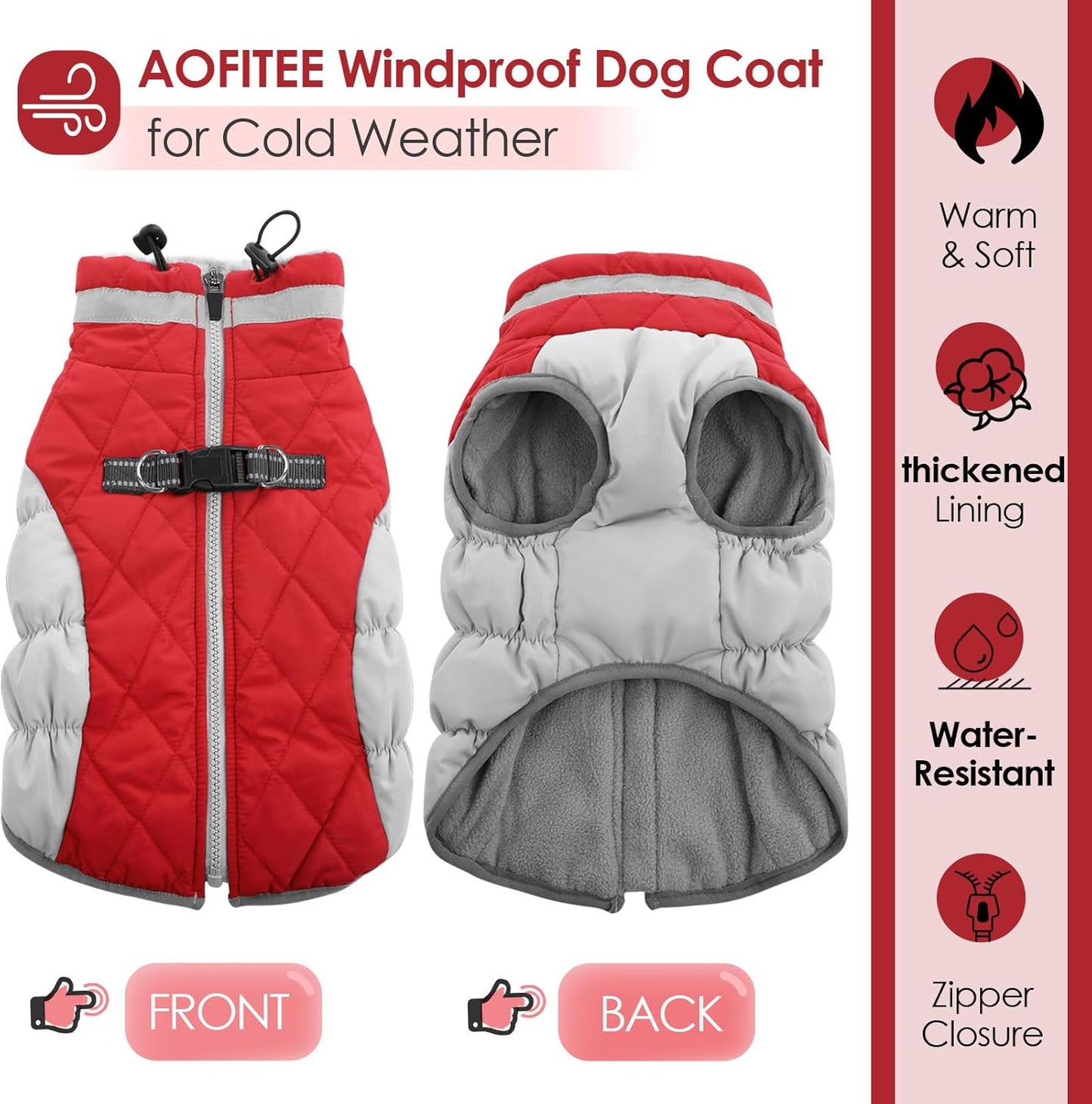 AOFITEE Dog Coat, Warm Dog Jackets for Large Dogs, Reflective Turtleneck Dogs Winter Coat with Harness Built in, Waterproof Windproof Pet Snow Jacket Fleece Vest for Cold Weather, Christmas Red XXL