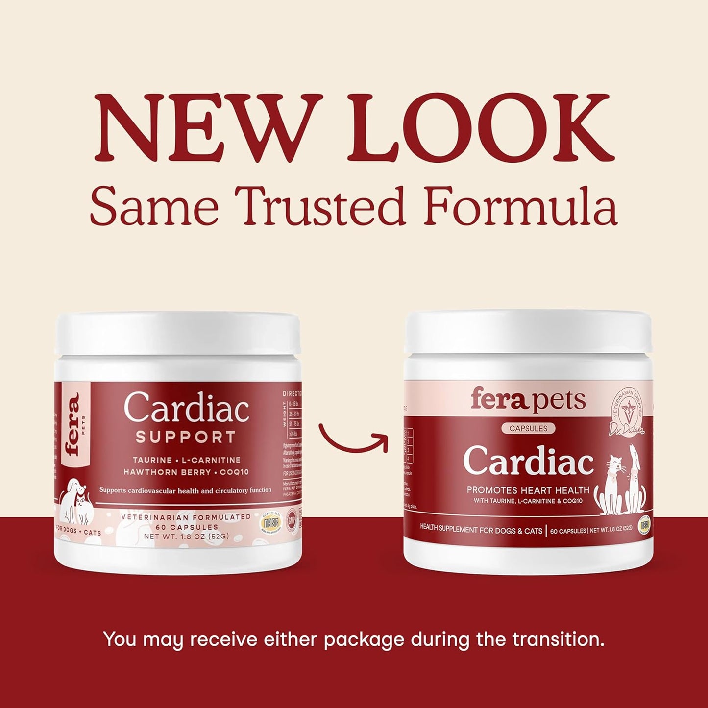 Fera Pets Cardiac Support - Cat & Dog Heart Supplement with Taurine, L-Carnitine, & CoQ10 - Promotes Normal Circulation and Heartbeat - 60 Capsules