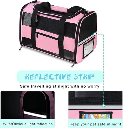 Cat Carrier Pet Carrier Airline Approved for Small Dogs Medium Cats Puppies 15 Lbs Dog Carrier with Reflective Strip, Collapsible Soft Sided Cat Travel Carriers - Pink