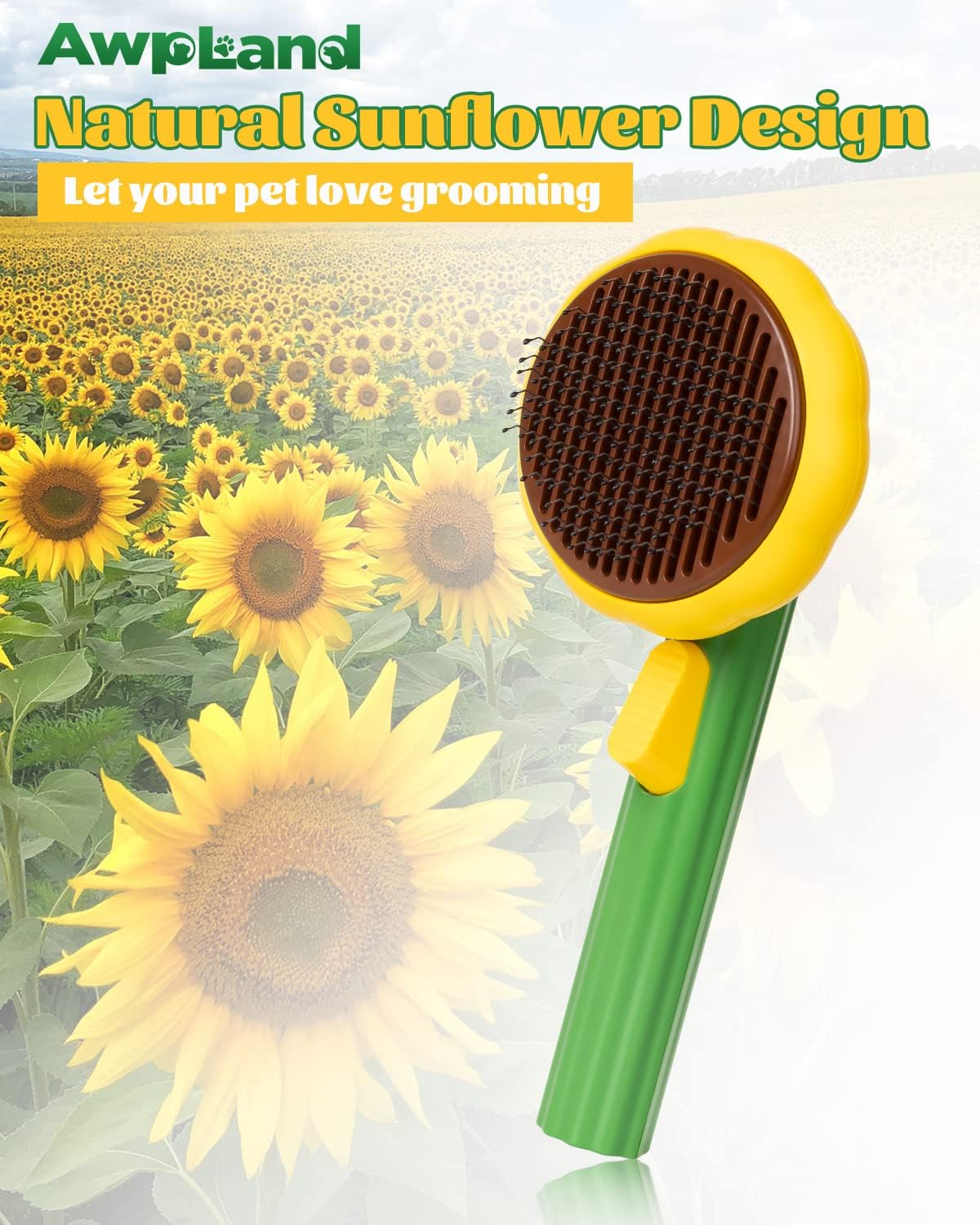 Self-Cleaning Dog & Cat Slicker Brush, Skin Friendly Deshedding Grooming Tool for Long or Short Haired Dogs Cats Rabbits, Dog Shedding Brush with Release Button-Sunflower