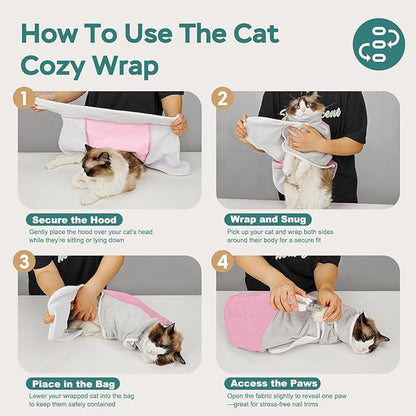 Self-Adhesive Cat Grooming Wrap, Cozy Cat Wrap for Cutting Nails, Breathable Anti-Scratch Cat Swaddle Bag for Brushing, Ear Cleaning, Medication, Injections, Pink XS