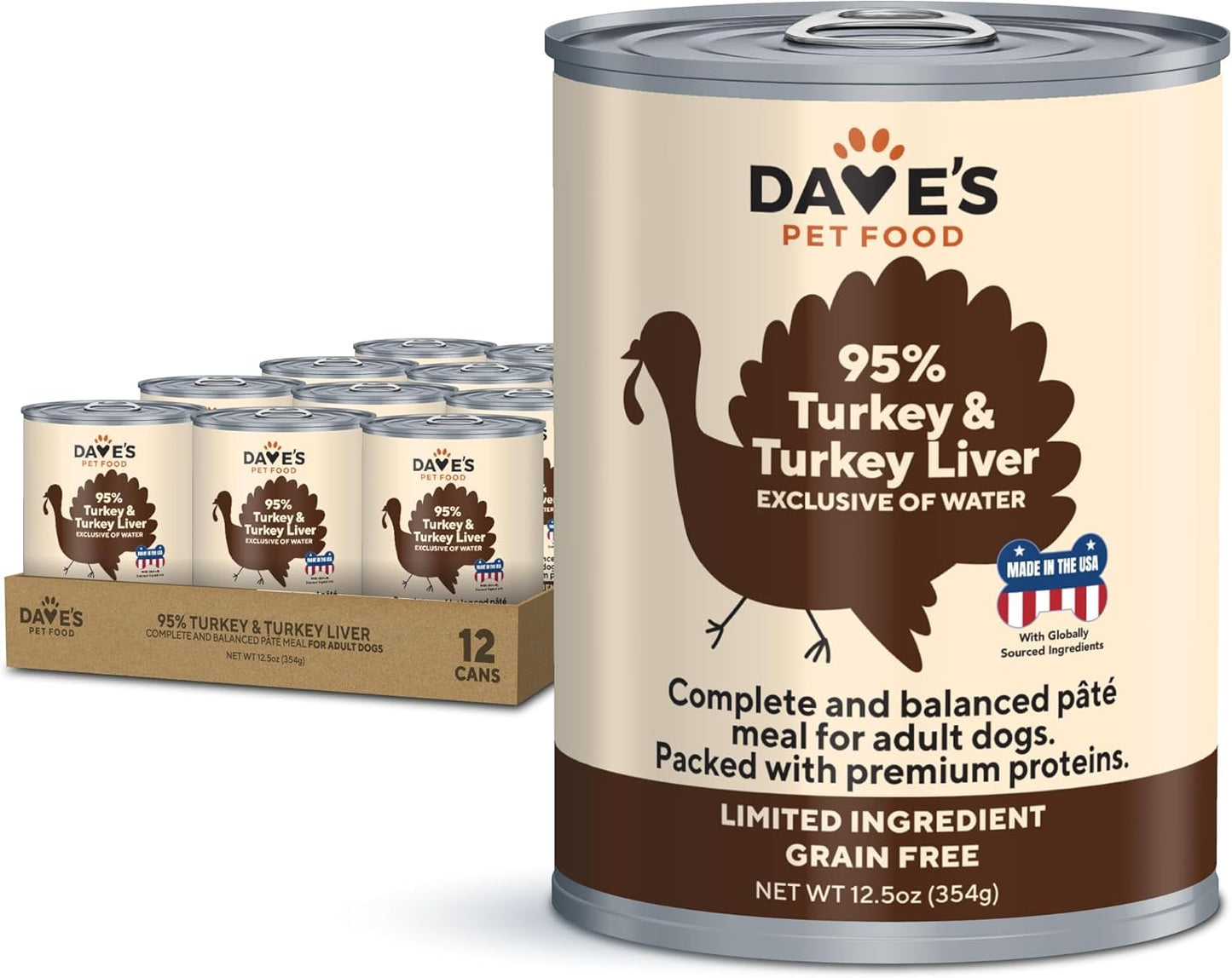 Dave's Pet Food Grain Free Wet Dog Food (95% Turkey & Turkey Liver), Made in USA Single-Source Protein, Limited Ingredients, 12.5 oz Cans (12 Pack)