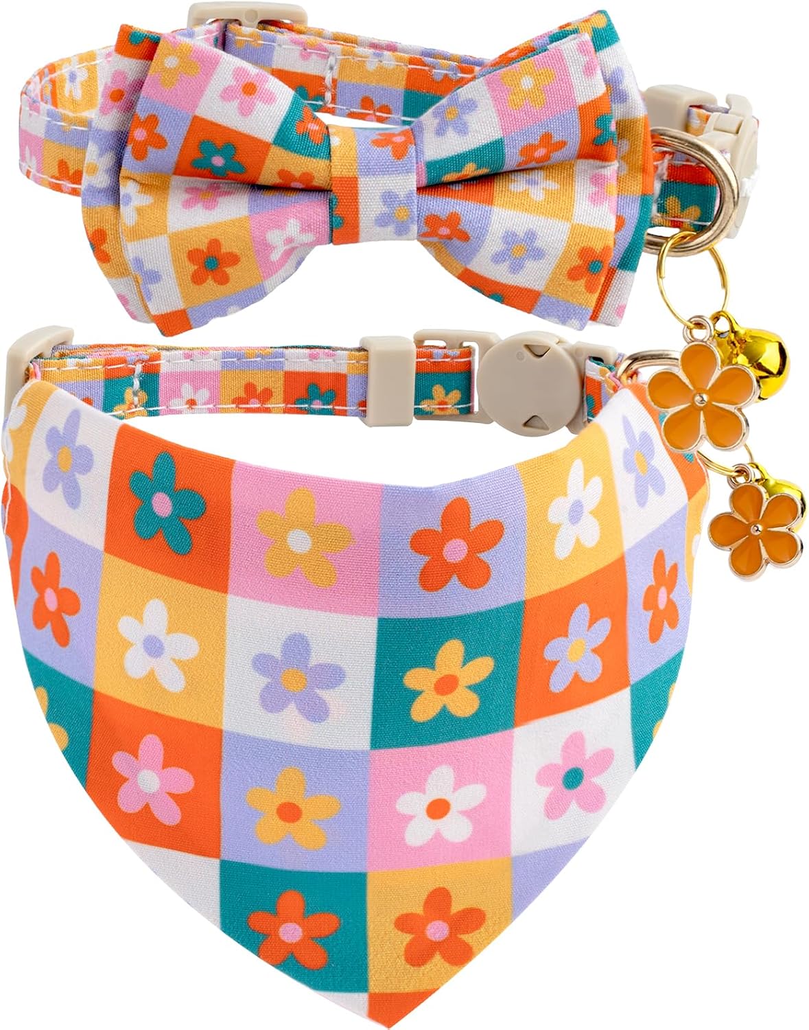 Faygarsle 2 Pack Floral Pattern Cat Collar Set with Bandana and Bow Tie, Breakaway Safety Buckle, Colorful Checkered Design