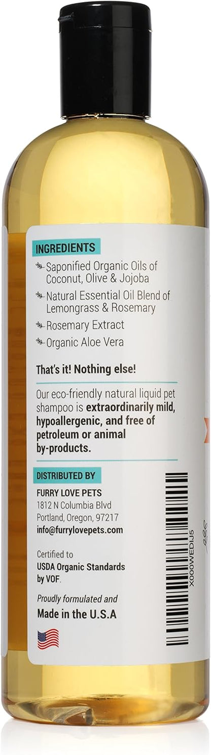 Certified Organic Pet Shampoo Natural Hypoallergenic Non Toxic For Sensitive Itchy Skin For Dogs, Cats, Puppies, Guinea Pigs and Rabbits. Concentrated Formula 16 Ounce