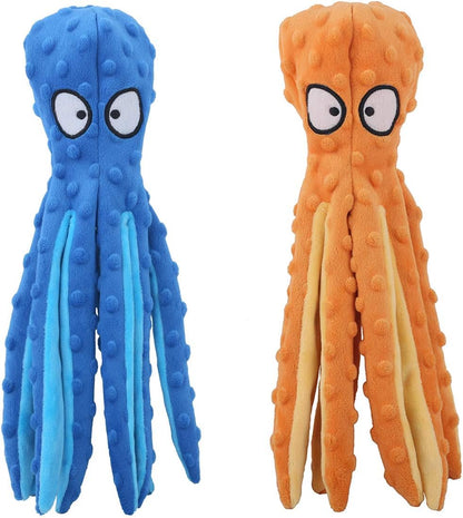 Octopus Squeaky Plush Dog Toys - No Stuffing, Crinkle, Durable for Puppy Teething, Small to Large Dogs, 2 Pack