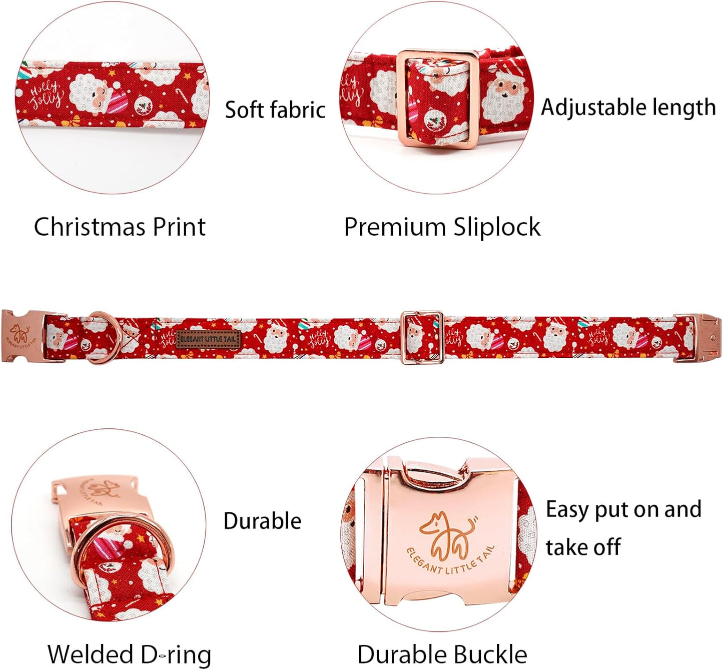 Elegant little tail Christmas Dog Collar, Red Santa Claus Print Pet Collar Dog Durable Cute Dog Collars Winter Holiday Male or Female Pet Gift Adjustable Dog Collar for Small Puppy