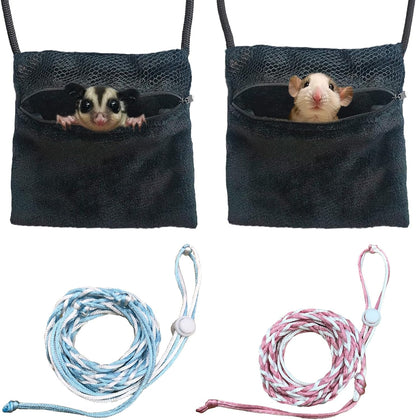 2 Pics Sugar Glider Pouch and 2 Pics Hamster Leash Small Animal Carry Pouch with Adjustable – Cozy & Portable Habitat for Small Pets (Hamsters, Rat, Marmosets, Squirrels)