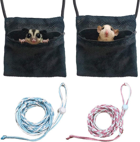 2 Pics Sugar Glider Pouch and 2 Pics Hamster Leash Small Animal Carry Pouch with Adjustable – Cozy & Portable Habitat for Small Pets (Hamsters, Rat, Marmosets, Squirrels)