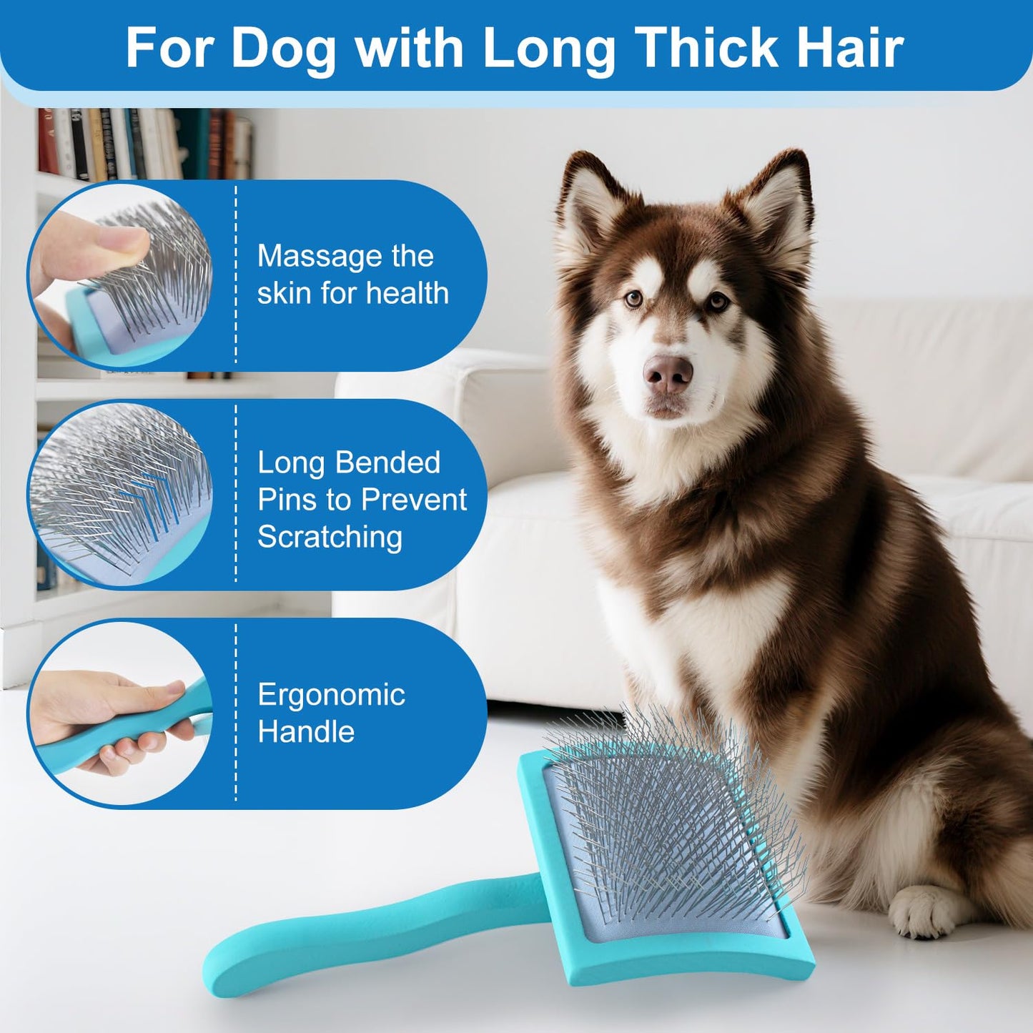 Slicker Brush for Dogs, Doodle & Poodle Brush for Long Haired Dog, Dog Slicker Brushes Goldendoodle Long Pin Detangler for Dematting (Large Curved)