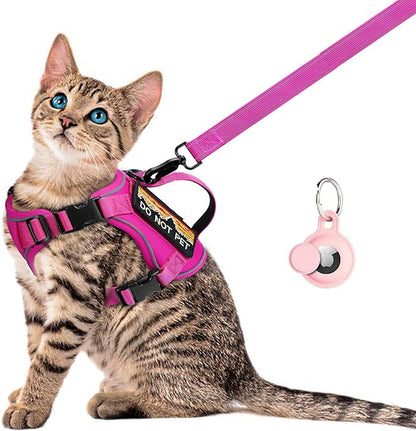 Tactical Cat Harness for Walking, Adjustable Escape Proof Pet Vest for Large Cat,Easy Control Breathable Cat Vest with Handle，Molle Patches (Pink+Leash, L)