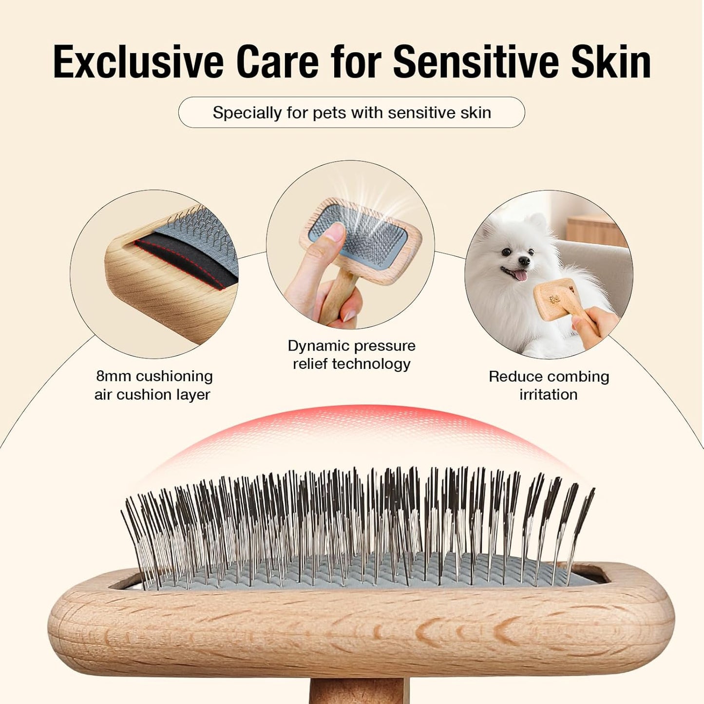 UTEE Slicker Brush for Long-Haired Cats & Small Dog (Pomeranians, Bichons, Shih Tzus, Ragdoll & Persian Cats) Gentle Grooming Tool with Stainless Steel Curved Pins & Ergonomic Beech Wood Handle