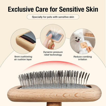 UTEE Slicker Brush for Long-Haired Cats & Small Dog (Pomeranians, Bichons, Shih Tzus, Ragdoll & Persian Cats) Gentle Grooming Tool with Stainless Steel Curved Pins & Ergonomic Beech Wood Handle
