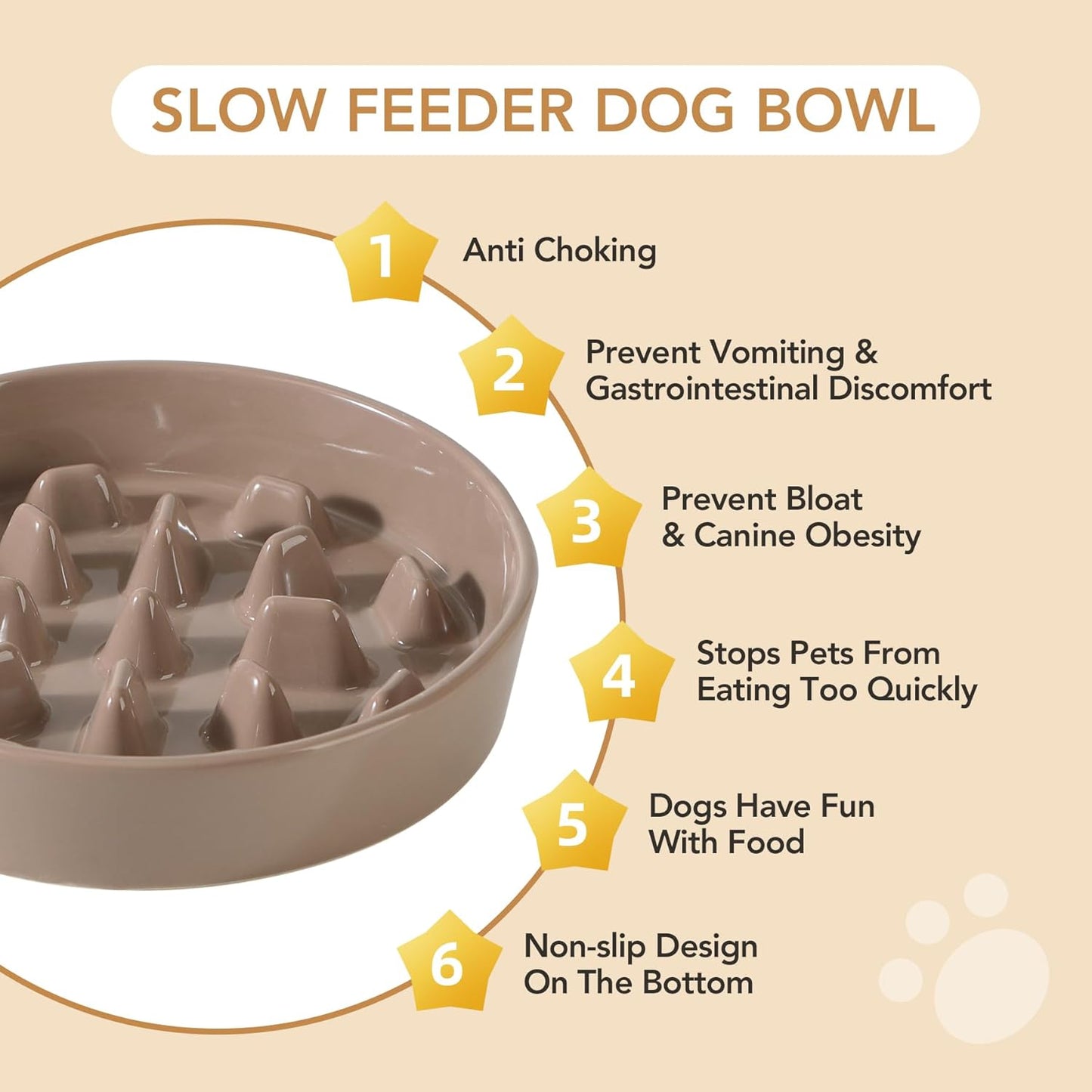 Ceramic 3.2 Cup Dog Raised Slow Feeder Set, Elevated Bowl with Wooden Stand for Large Dog, 9.5inch Slow Feeder Dish for Fast Easters, Anti-Gulping(Brown Coffee, Single Bowl+ Stand)