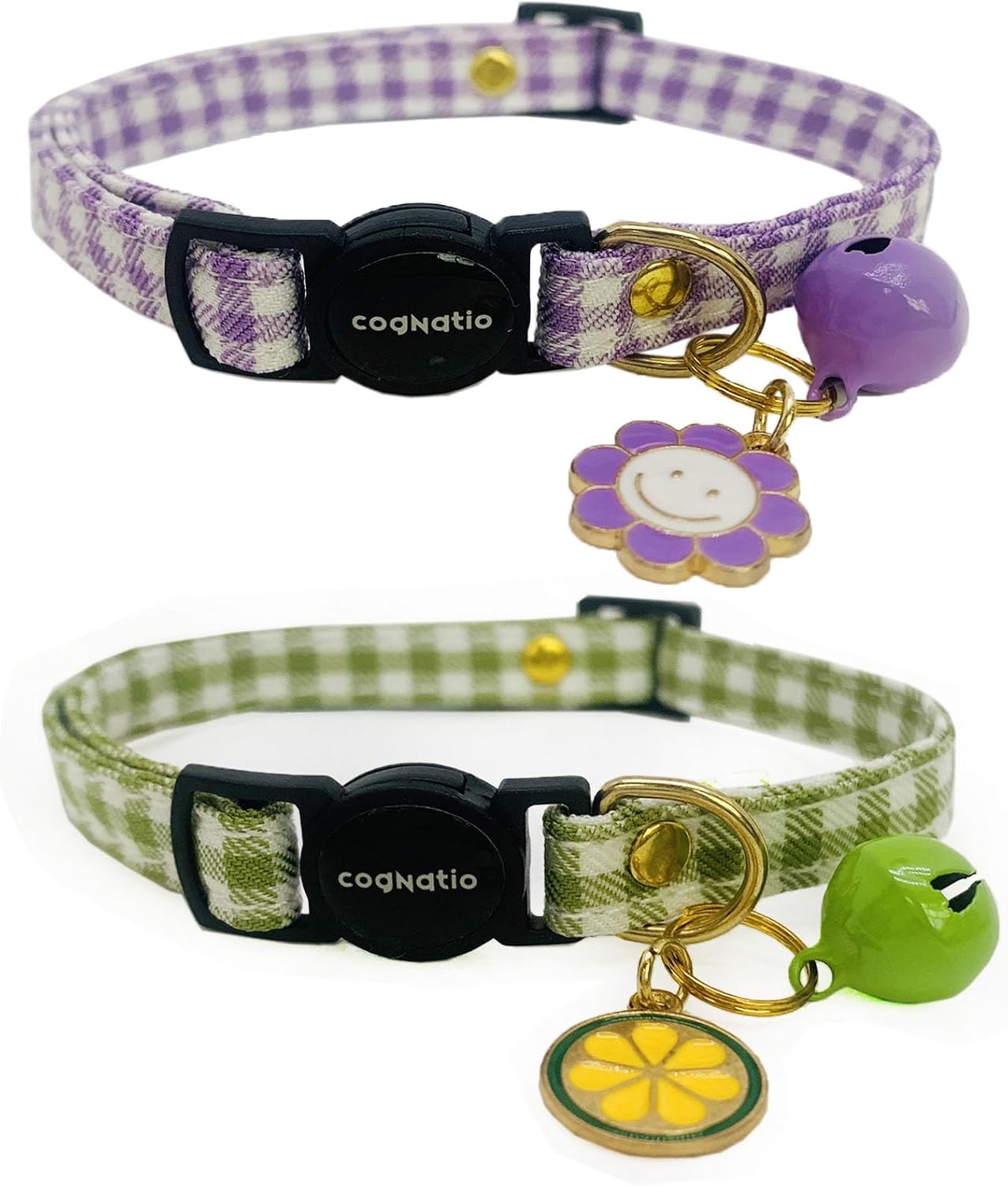 2 Pack Cotton Breakaway cat Collars with Bell,Safety Quick Release Pendant Cute Kitten Collar,Adjustable 20-30cm (Purple+Grass Green, 20-30cm)