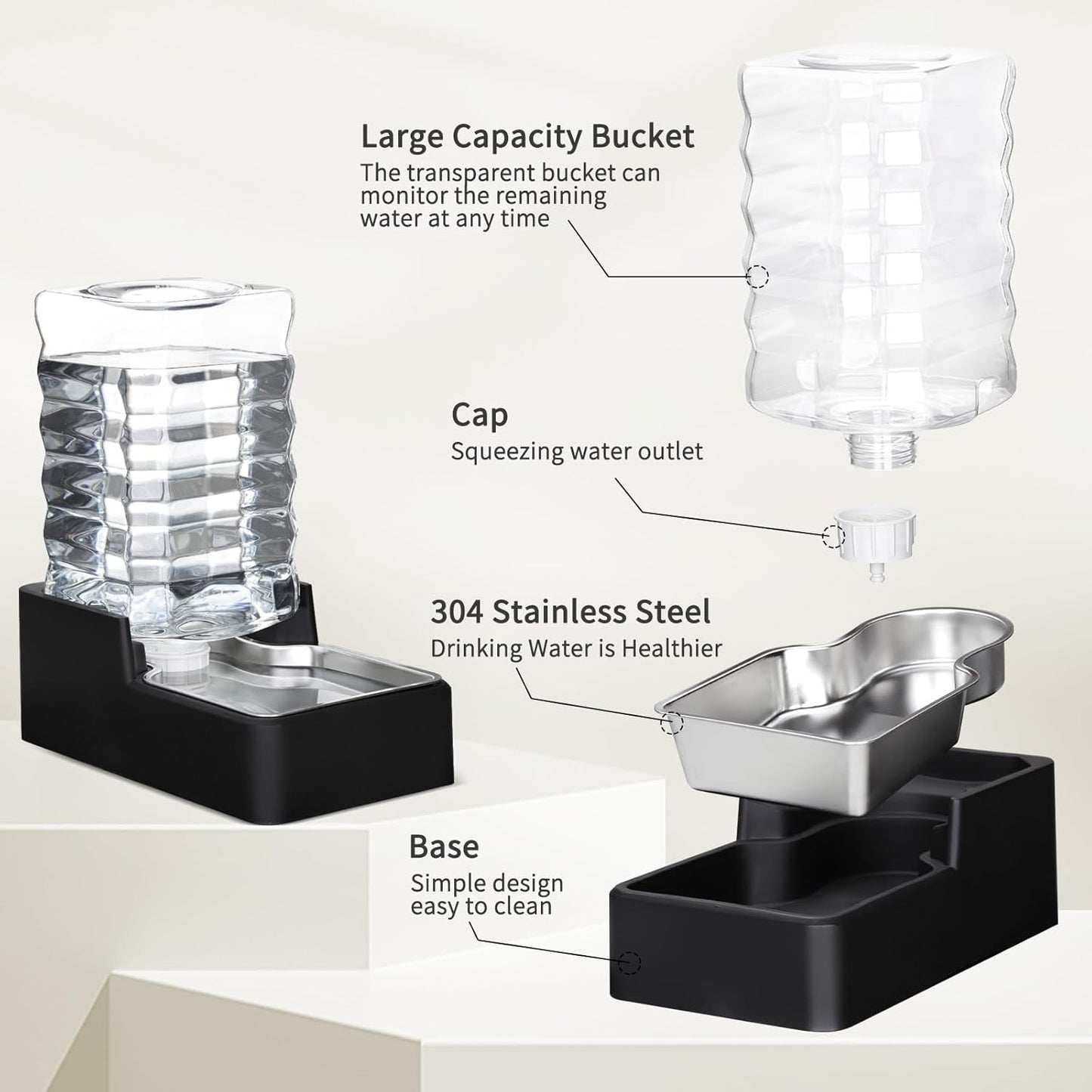 RIZZARI Stainless Steel Pet Water Feeder: 7.5L Black Automatic Leak-Proof Gravity Dispenser - Without Filter - for 20-35LB Senior Dogs with Joint Spine Issues - Bedroom Kitchen