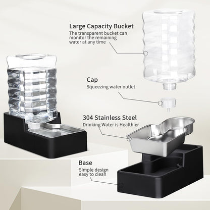 RIZZARI Stainless Steel Pet Water Feeder: 7.5L Black Automatic Leak-Proof Gravity Dispenser - Without Filter - for 20-35LB Senior Dogs with Joint Spine Issues - Bedroom Kitchen