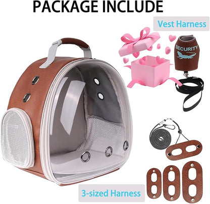 Bearded Dragon Carrier Backpack with Two Security Printing Harness with Leash Sets, Reptile Lizard Travel Bag to Carry and Transport Small Animal Kitten Bunny Guinea Pig to Vet(Brown, PU Leather)