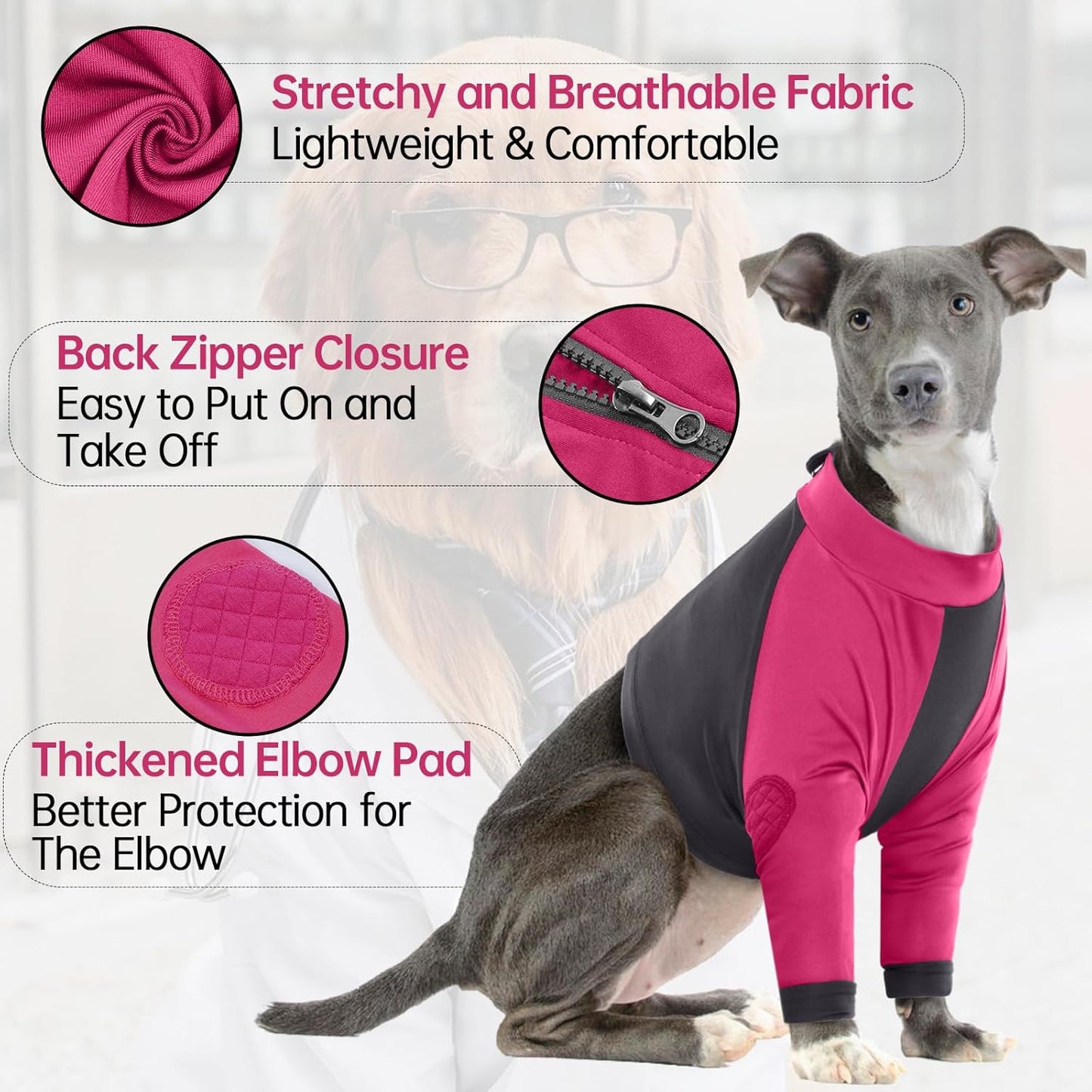 LeLePet Dog Recovery Suit for Front Legs, Dog Sleeve to Stop Licking, Elbow Protector for Leg Injuries Shoulder Wounds After Surgery Male Female,Zippered Long-Sleeved Shirt Cone Alternative(S-3XL)