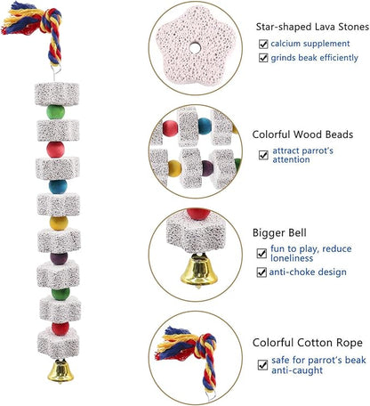 2 Pack Mineral Block Chew Toys with Colorful Beads and a Bell, Bird Beak Grinding Stone, Cage Accessories for African Grey, Budgies, Cockatiels, Small to Medium Birds