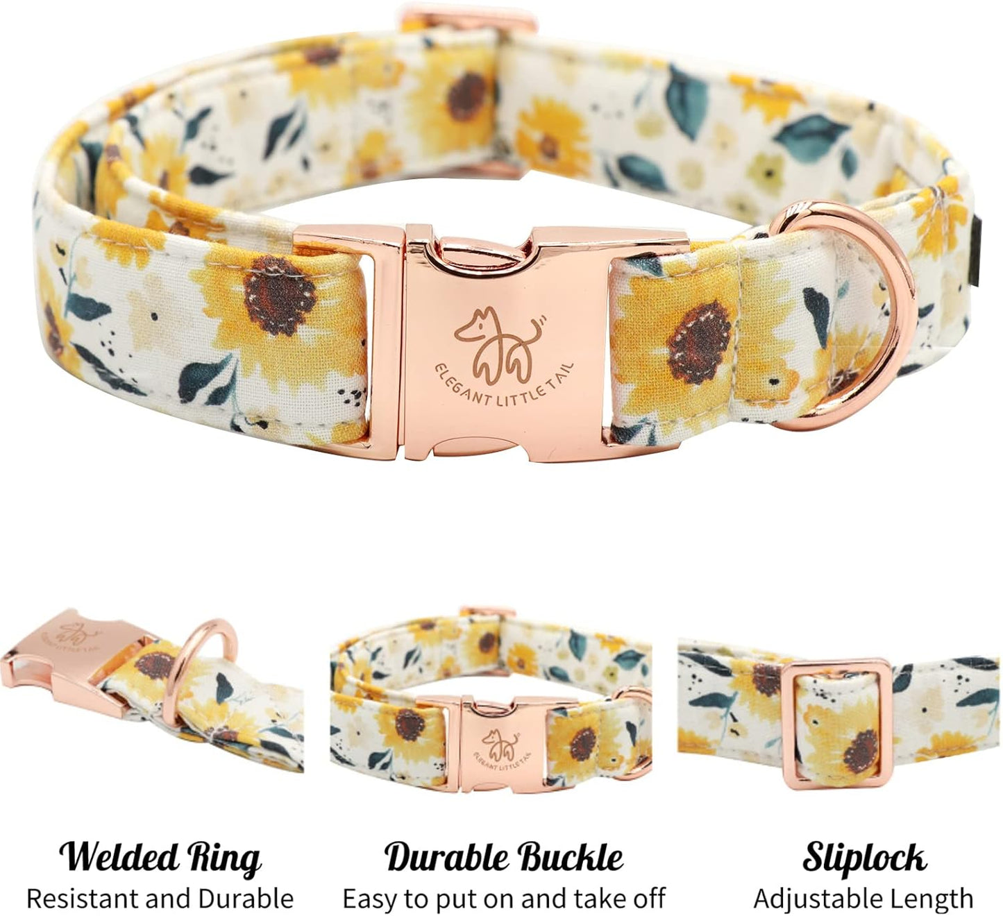 Elegant little tail Dog Collar, Sunflower Pattern Pet Collar Durable Cute Dog Collars Summer Fall Female Pet Gift Adjustable Dog Collar for Small Dogs