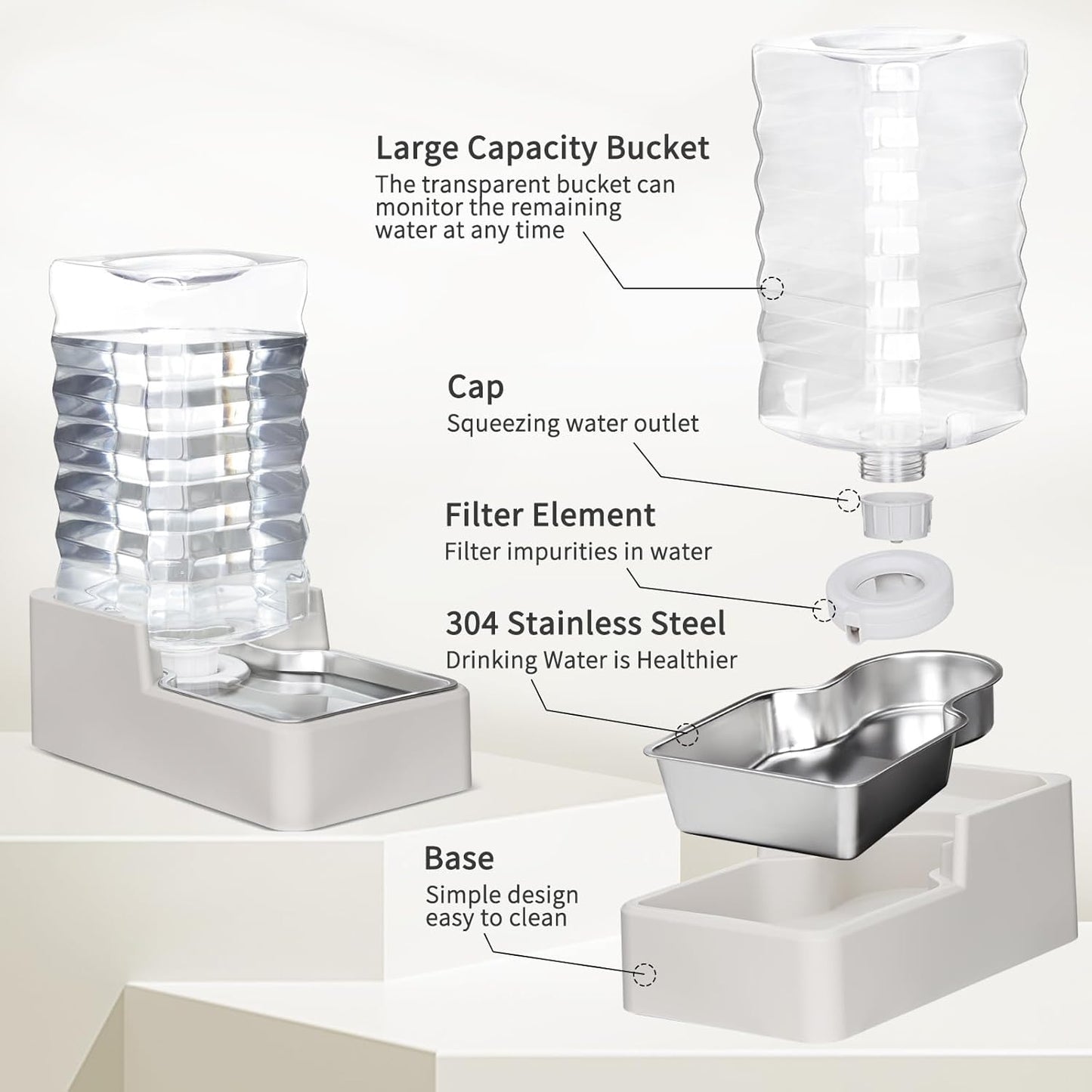 RIZZARI Stainless Steel Pet Water Feeder: 9.5L Automatic Leak-Proof Gravity Dispenser for 40-80 LB Senior Dogs with Spinal Issues - with Filter - Garage Kitchen Use