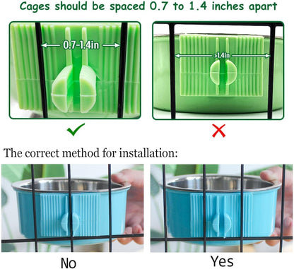 kathson Crate Dog Bowl, Removable Stainless Steel Hanging Pet Kennel Cage Bowl Food & Water Feeder Coop Cup for Puppy, Cat, Rabbit, Guinea Pigs Ferret Bird (2 PCS, Size: M, Blue and Green)