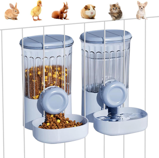 Hanging Small Pet Feeder and Water Dispenser, 1L Auto Cat Food Bowl and 0.8L Water Bottle Dispenser, Auto Gravity Pet Feeder and Waterer Set for Puppy, Kitten, Rabbit and Small Pets (Blue)