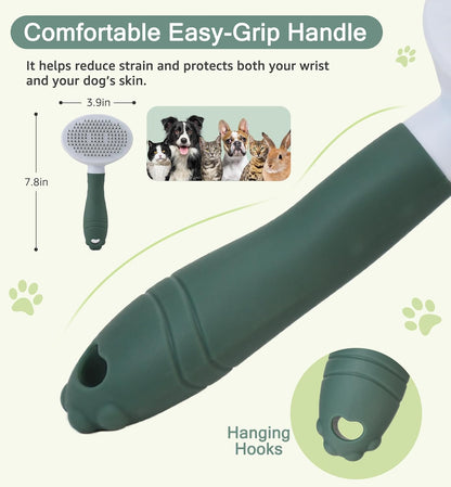 Pet Self-Cleaning Slicker Brush for Dogs & Cats, Deshedding Grooming Comb, Removes Loose Undercoat Hair & Mats, Skin-Friendly Massaging Tool for Long/Short Fur, Large & Small Breeds (Green)
