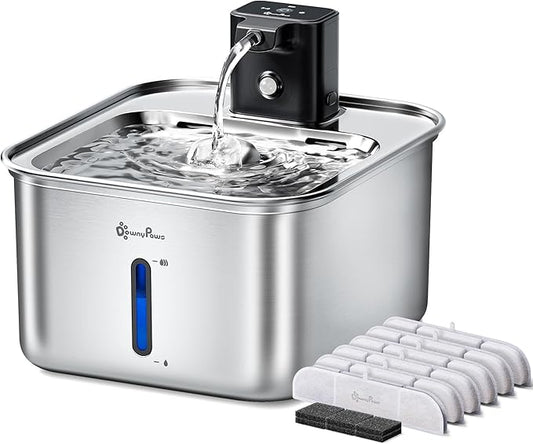 DownyPaws Cat Water Fountain Stainless Steel Wireless, 101 oz/3L FurSink Cordless Cat Water Dispenser for Pets, Battery Operated Dog Drinking Fountain with Motion Sensor, Metal with 6 Filters