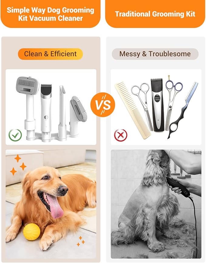 Dog Vacuum Grooming Kit for Shedding: Professional Hair Clippers Pet Groomer - Strong Suction Cleaner Deshedding Tool Fur Brush Attachment Trimmer for Home Cat (Pale White)