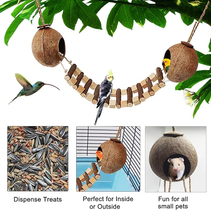Hamiledyi Coconut Bird Nest Hut with Ladder Hanging Birds Hide House Toy for Cage Natural Coco Shell Hideaway for Parakeet Lovebirds Finch Syrian Hamster Gecko Squirrel Climbing