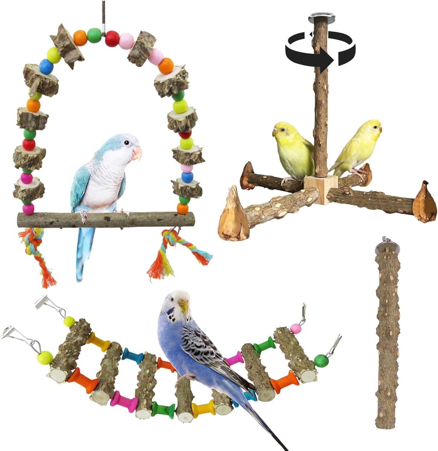 Parrot Cage Accessories-Pure Wood Parrot Perches Toys,Climbing Ladder,Bird Rotating Perch,Bird Swing,Suitable for Parakeet,Conure,Cockatiel,Mynah,Love Birds Finches