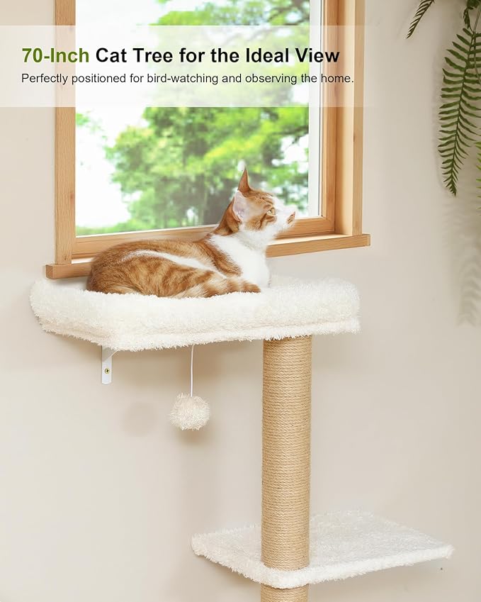 FUKUMARU Cat Wall Shelves, Stable Wall Mounted Cats Furniture Set, Kitten Scratching Post with Soft Cushion Perch, Space Saving Climbing Wall for 16 Inch Drywall - Beige