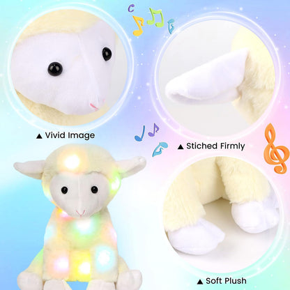 Hopearl LED Musical Stuffed Lamb Lighting Up Sheep Singing Plush Toy Adjustable Volume Lullaby Animated Soothe Birthday Gifts for Kids Toddler Girls, Beige, 11''
