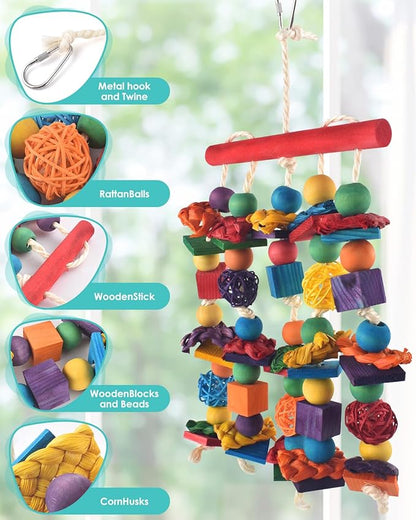 Bird Toys, 3PCS Parrot Foraging Hanging Toy, Multicolored Natural Wooden Blocks Parakeet Chewing Toys mit Rattan Wicker Balls, for Medium Small Cockatoos Budgie Lovebird Cockatiel Conure