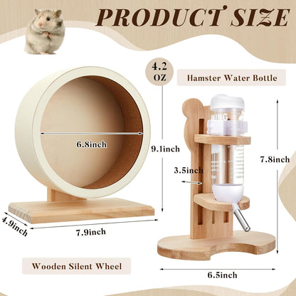 2 Pcs 7.9" M Size Wooden Hamster Wheels and Hamster Water Bottle Set Guinea Pig Running Silent Exercise Wheels Small Animal Water Dispenser Stand Holder for Guinea Pig Gerbil