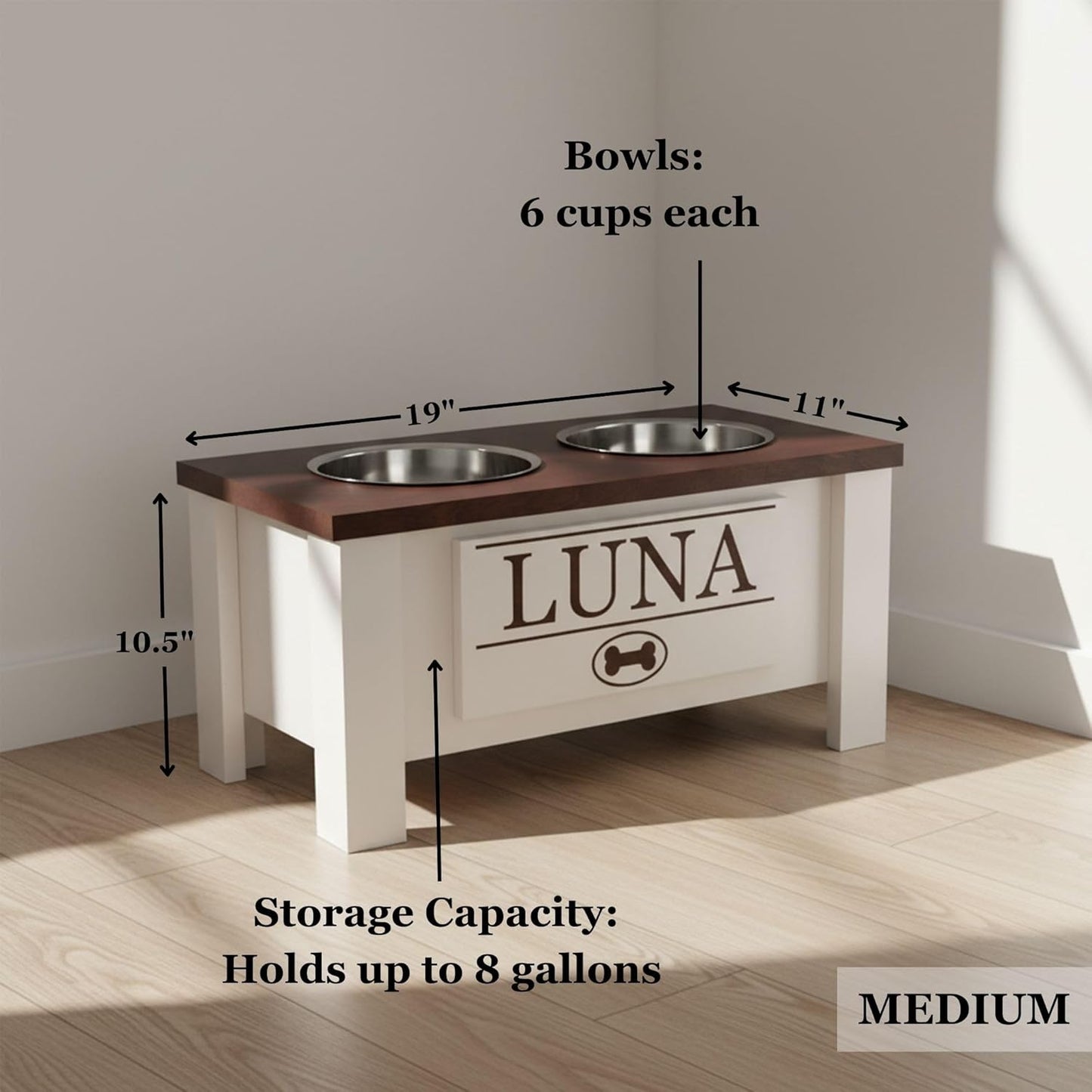 GrooveThis Woodshop - Personalized Elevated Dog Bowl Stand for Large, Medium, Small, X-Small Dogs - Stainless Steel Food and Water Bowls - Raised Dog Dish with Internal Storage (Medium, Black)