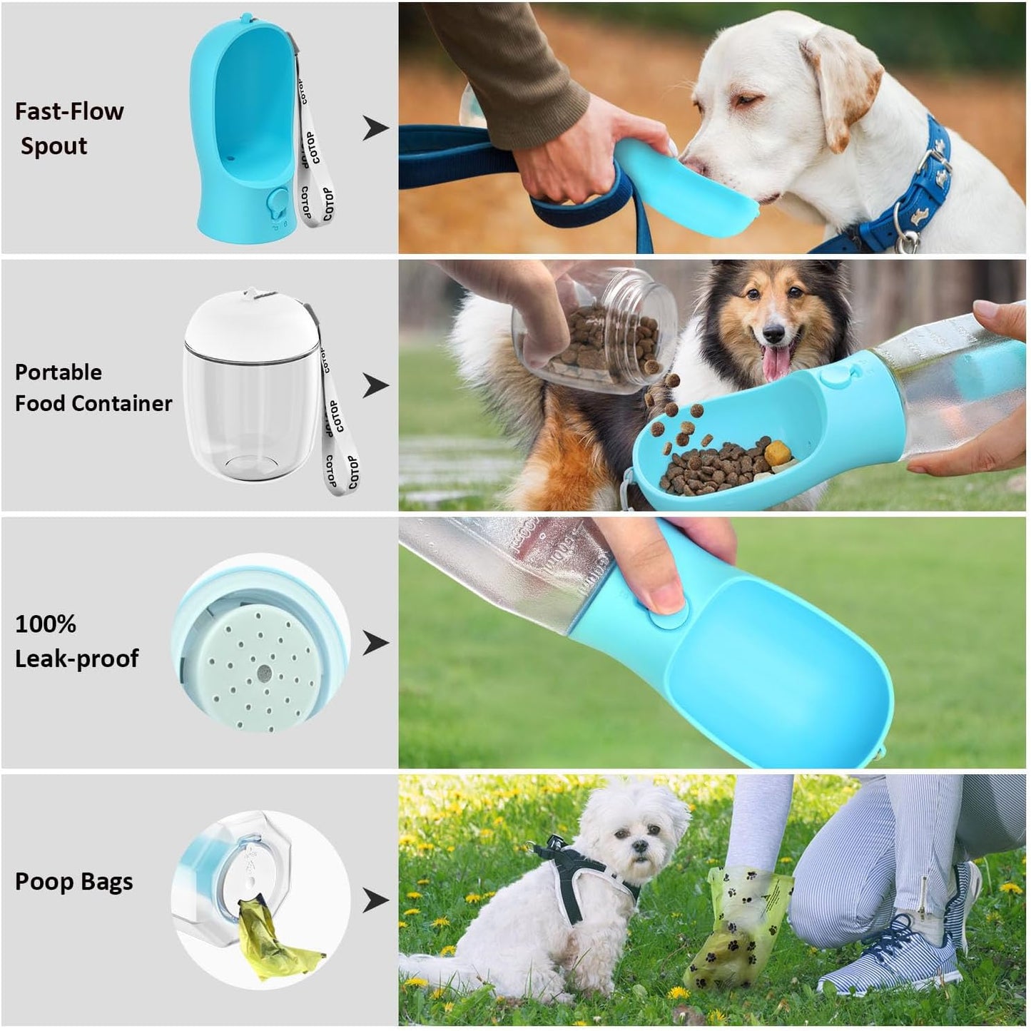 20oz Dog Water Bottle with Food Container & Poop Bag Dispenser | Leak-Proof Portable Pet Water Dispenser with Carabiner Clip | for Walking, Hiking, Travel