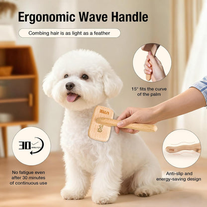 UTEE Slicker Brush for Long-Haired Cats & Small Dog (Pomeranians, Bichons, Shih Tzus, Ragdoll & Persian Cats) Gentle Grooming Tool with Stainless Steel Curved Pins & Ergonomic Beech Wood Handle